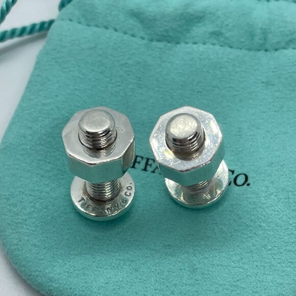 Tiffany & Co Silver Nut Bolt Cufflinks Cuff Link Links w/ Pouch - Picture 8 of 14